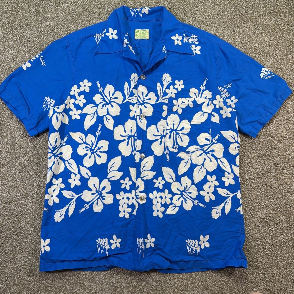 Ui-maikai 1960s Blue Floral Hawaiian Shirt Size Medium USA Made Cotton